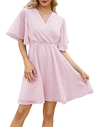 Clearlove Sommerkleid Damen Schweizer Punkt Chiffonkleid V-Ausschnitt Kleider Tunika Kleid Kurzarm Freizeitkleid Rüschen Partykleid Strandkleid Minikleid (Rosa, XL) von Clearlove