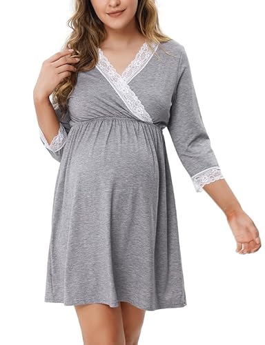 Clearlove Stillnachthemd Damen Nachthemd mit Stillfunktion Umstandskleid Umstandskleidung Nachthemden für Schwangere (Grau, XL) von Clearlove