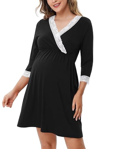 Clearlove Stillnachthemd Damen Nachthemd mit Stillfunktion Umstandskleid Umstandskleidung Nachthemden für Schwangere (Schwarz, XL) von Clearlove