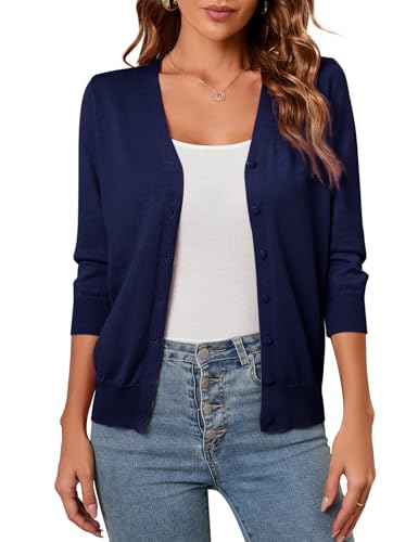 Clearlove Strickjacke Damen V-Ausschnitt Knitted Cardigan 3/4 Arm Strickweste Top Casual Weiß Basic Jäckchen Strickmantel mit Knopf M von Clearlove