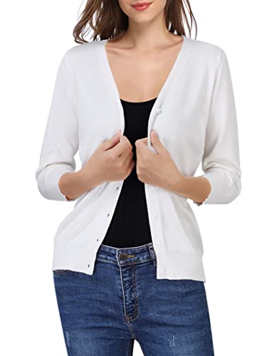 Clearlove Strickjacke Damen V-Ausschnitt Knitted Cardigan 3/4 Arm Strickweste Top Casual Weiß Basic Jäckchen Strickmantel mit Knopf M von Clearlove