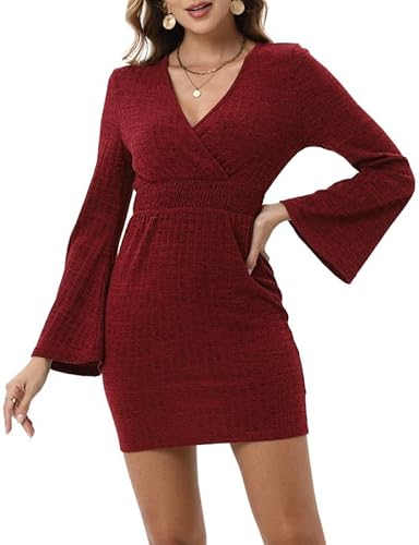 Clearlove Strickkleid Damen Minikleid mit Cross-Neck und Bleistiftrock - Tailliertes Winterkleid für Büro und Abendveranstaltungen, Rot, S von Clearlove