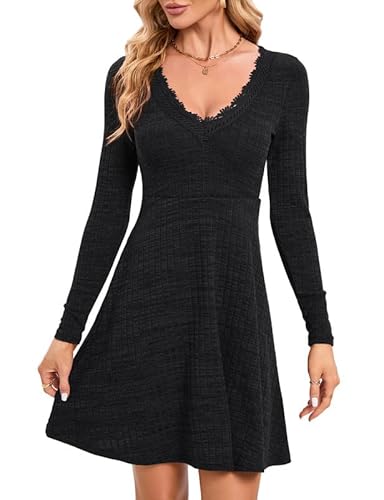 Clearlove Strickkleid Damen V Ausschnitt Winterkleider Gestreift Ausgestelltes Midikleid Freizeit Winter Kleid Weich PulloverKleid (Schwarz, S) von Clearlove