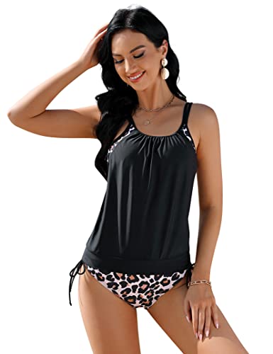 Clearlove Tankini Damen bauchweg Bademode Set zweiteilig Push up mit Einstellbarer Bikinislip Tankini Top Soft Cups S-XXXL,LeopardXL von Clearlove