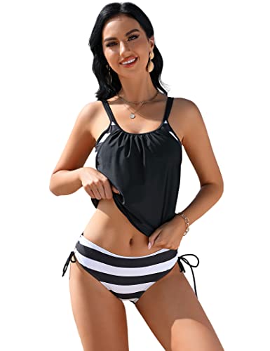 Clearlove Tankini Damen bauchweg Bademode Set zweiteilig Push up mit Einstellbarer Bikinislip Tankini Top Soft Cups S-XXXL,StreifenS von Clearlove