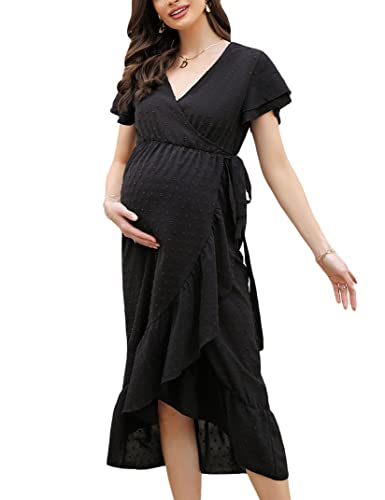 Clearlove Umstandskleid Damen Kleid Lang V-Ausschnitt Elegant Swiss Dot Stillkleid Kurzarm Schwangere Kleider Schwangerschaftskleid mit Gürtel Schwarz S von Clearlove