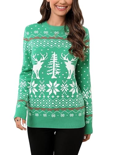 Clearlove Weihnachten Pullover Damen Weihnachtspullover Christmas Reindeer Strickpullover Christmas Schneeflocke Sweater Grün S von Clearlove