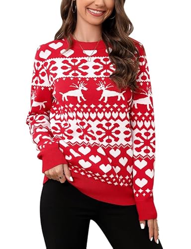 Clearlove Weihnachten Pullover Damen Weihnachtspullover Christmas Reindeer Strickpullover Christmas Schneeflocke Sweater Rot L von Clearlove