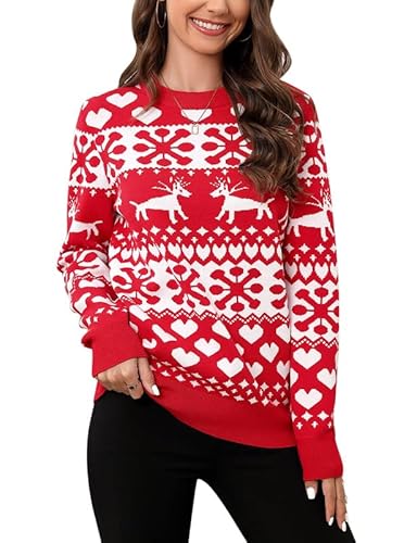 Clearlove Weihnachten Pullover Damen Weihnachtspullover Christmas Reindeer Strickpullover Christmas Schneeflocke Sweater Rot S von Clearlove