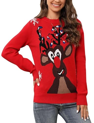 Clearlove Weihnachten Pullover Damen Weihnachtspullover Christmas Reindeer Strickpullover Christmas Sweater Lichterkette Elch XL von Clearlove