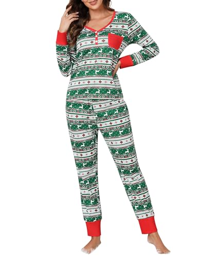 Clearlove Weihnachten Schlafanzug Damen Lang Zweiteiliger Nachtwäsche Langarm Pyjama Set Frauen Hausanzug Sleepwear Loungewear mit Taschen(Grün,XL) von Clearlove
