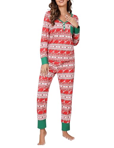 Clearlove Weihnachten Schlafanzug Damen Lang Zweiteiliger Nachtwäsche Langarm Pyjama Set Frauen Hausanzug Sleepwear Loungewear mit Taschen(Rot,XL) von Clearlove