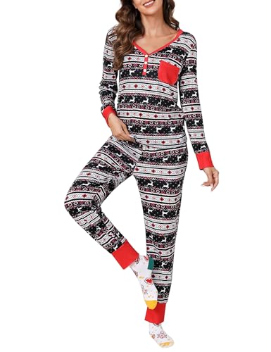 Clearlove Weihnachten Schlafanzug Damen Lang Zweiteiliger Nachtwäsche Langarm Pyjama Set Frauen Hausanzug Sleepwear Loungewear mit Taschen(Schwarz,M) von Clearlove