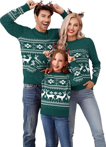 Clearlove Weihnachtspullover Familie Set Ugly Weihnachts Pullover Rentier Winter Chirstmas Sweater Langarm Rundhals Strickpullover Für Pärchen Kinder (Damen-Grün, XXL) von Clearlove
