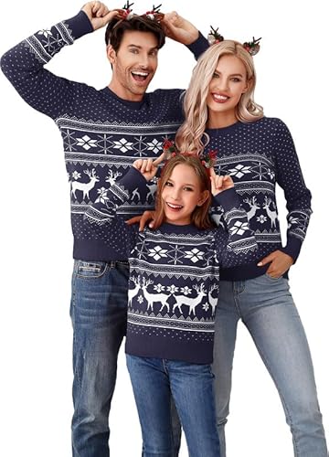 Clearlove Weihnachtspullover Familie Set Ugly Weihnachts Pullover Rentier Winter Chirstmas Sweater Langarm Rundhals Strickpullover Für Pärchen Kinder (Damen-Navy Blau, XXL) von Clearlove