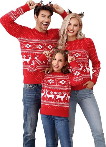 Clearlove Weihnachtspullover Familie Set Ugly Weihnachts Pullover Rentier Winter Chirstmas Sweater Langarm Rundhals Strickpullover Für Pärchen Kinder (Herren-Rot, XL) von Clearlove