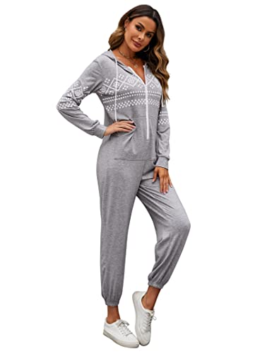 Clearlove XXL Hoodie Jumpsuit Elegant Overall Freizeitanzug One Piece Ganzkörperanzug Flauschig Weihnachten Einteiler Pyjama Trainingsanzug Schlafanzug Taschen Hausanzug mit Kapuze (Hellgrau, XXL) von Clearlove