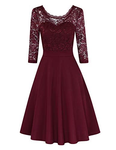 Damen 1950er Vintage Cocktailkleid Rockabilly Retro Schwingen Kleid Faltenrock,3/4 Ärmel-burgundy,XXL von Clearlove