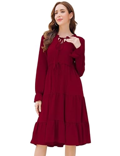 Clearlove Damen Kleid Freizeitkleid Rundhalsausschnitt Retro Flare Ärmel Strandkleid Casual Tunika Kleid Langarm Maxi Kleid Elegant A-Linie Lang Kleid mit Gürtel (Weinrot, S) von Clearlove