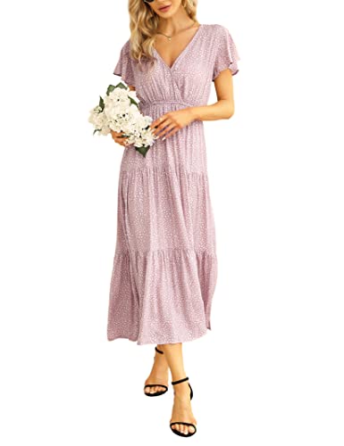 Damen Kleid Kurzarm Freizeitkleid Strandkleid Tunika Kleid Retro V Ausschnitt Blumenkleid Casual A-Linie Kleid Elegant Boho Kleid Maxi Kleid (Rosa, L) von Clearlove