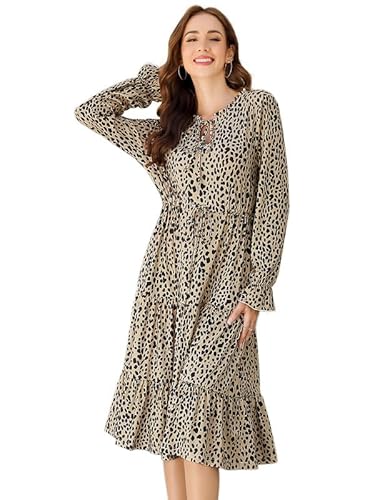 Clearlove Damen Kleid Rundhalsausschnitt Langarm Strandkleid Elegant Tunika Kleid Retro Lang Freizeitkleid A-Linie Kleid Casual Flare Ärmel Maxi Kleid mit Gürtel (Kaffee Schwarzer Leopardenmuster, M) von Clearlove