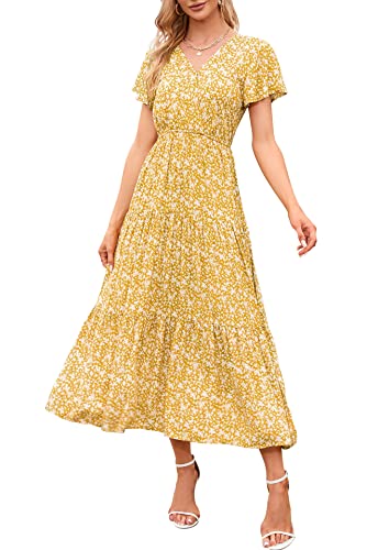 Damen Kleid Strandkleid Retro Tunika Kleid V Ausschnitt Elegant Freizeitkleid Kurzarm Blumenkleid Casual A-Linie Kleid Boho Kleid Maxi Kleid (Gelb, XL) von Clearlove