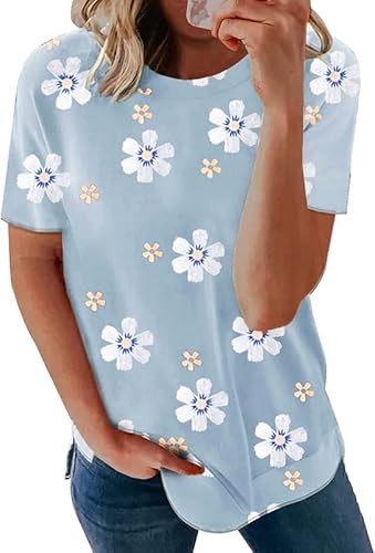 Damen Sommer T Shirt Kurzarm Blume Tops Causal Tunika(Grau,M) von Clearlove