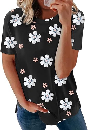 Damen Sommer T Shirt Kurzarm Blume Tops Causal Tunika(Schwarz,M) von Clearlove