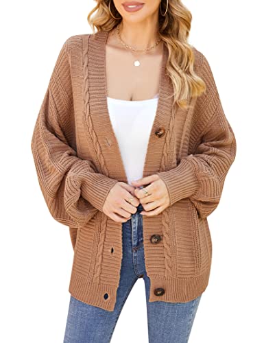 Clearlove Damen Strickjacke Langarm Button Down Sweater Elegante Lose Vorne Offen Cardigan Einfarbig Freizeitjacke Herbst Winter Top Outwear(Khaki,S) von Clearlove