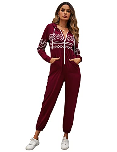 Hoodie Damen Jumpsuit Elegant Overall Freizeitanzug One Piece Ganzkörperanzug Flauschig Einteiler Pyjama Weihnachten Trainingsanzug Schlafanzug Taschen Hausanzug mit Reißverschluss (Weinrot, XXL) von Clearlove