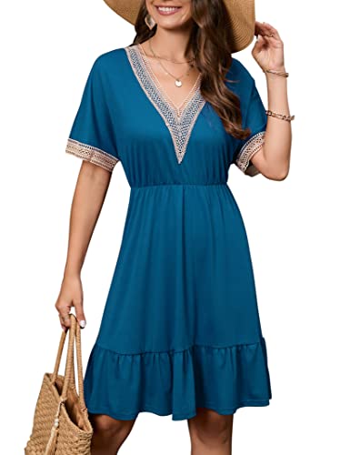 Kleid Damen Kurz Elegant Sommerkleid Spitze V-Ausschnitt Minikleid Strandkleider Freizeitkleid Tunika T Shirt Kleider Chiffonkleid Blusekleid Blau S von Clearlove