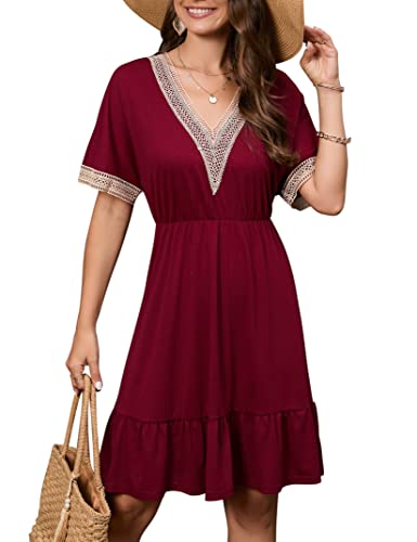 Kleid Damen Kurz Elegant Sommerkleid Spitze V-Ausschnitt Minikleid Strandkleider Freizeitkleid Tunika T Shirt Kleider Chiffonkleid Blusekleid Rot L von Clearlove