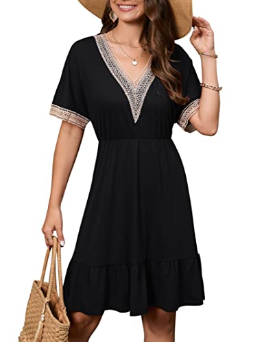 Clearlove Clearlove Damen Kurzes Elegantes Sommerkleid Spitze V-Ausschnitt Knielang Minikleid Strandkleider Freizeitkleid Tunika T Shirt Kleider, Schwarz, S von Clearlove