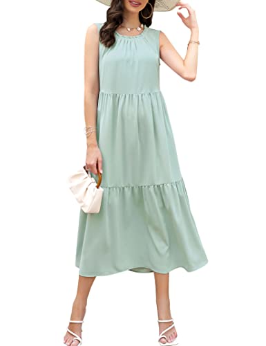 Kleid Damen Rundhals Strandkleid Elegant Freizeitkleid Kleid Casual Kleid Ärmellos Retro Maxi Kleid Kleid (Salbei Grün, L) von Clearlove