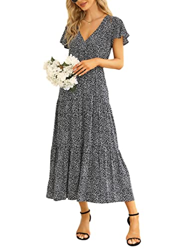 Kleid V-Ausschnitt Kurzarm Freizeitkleid Elegant Strandkleid Retro Tunika Kleid Casual Blumenkleid Kleid Maxi Kleid A-Linie Boho Kleid für Damen (Schwarz, S) von Clearlove