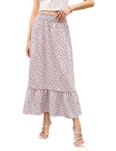 Rock für Frauen Bohemian-Stil Elastische Taille Lang Maxi Rock Böhmen Hohe Taille Sommer (Weiße Rote Blume, L) von Clearlove