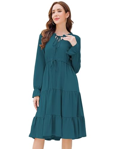 Clearlove Rundhalsausschnitt Kleid Strandkleid Elegant Lang Freizeitkleid Retro Tunika Kleid Langarm Casual Flare Ärmel Maxi Kleid A-Linie Kleid für Damen (Schwarzgrün, XL) von Clearlove