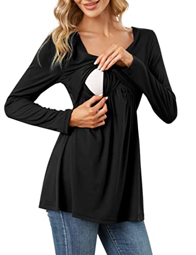 Schwangerschaft Stilltops Damen V-Ausschnitt Stillshirt Lange Ärmel Nursing Top Stillfunktion Umstandskleidung Knoten Elegant Stillzeit Stillpullover Maternity Wear für Schwangere (Schwarz, M) von Clearlove