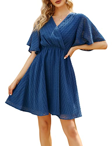 Clearlove Sommerkleid Damen Kurzarm Chiffon Kleid V-Ausschnitt Minikleider Schweizer Punkte Tunika Kleider Lagenlook Freizeitkleid Partykleid Strandkleid (See Blau, M) von Clearlove