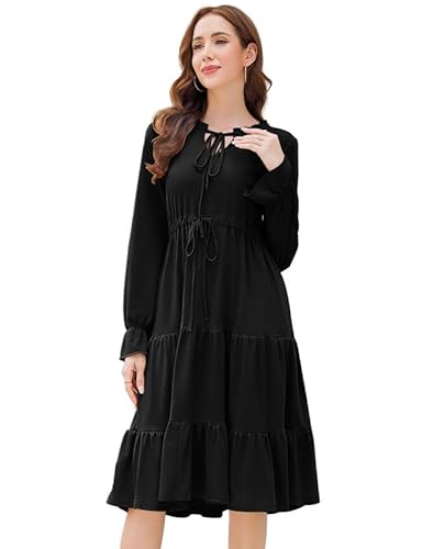 Clearlove Strandkleider Kleid Damen Langarm Rundhalsausschnitt Casual Tunika Kleid Elegant Freizeitkleid Flare Ärmel Maxi Kleid Retro Lang A-Linie Kleid mit Gürtel (Schwarz, M) von Clearlove