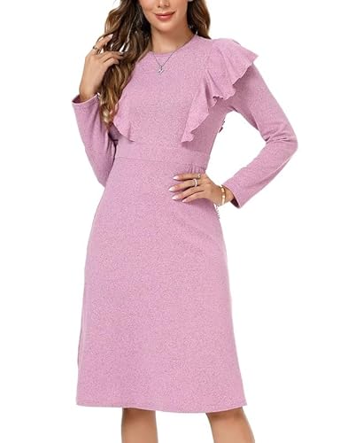Strickkleid Damen Kleider Langarm Partykleid Pulloverkleider Rüschen Freizeitkleid Midikleid Tunika Casual Kleid Winterkleider Rosa XL von Clearlove