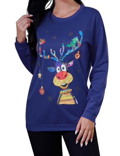 Sweatshirt Damen Weihnachten Pullover Weihnachtspullover Langarm Frauen Casual Langarmshirt Christmas Sweat Oberteile Xmas Top Blau XL von Clearlove