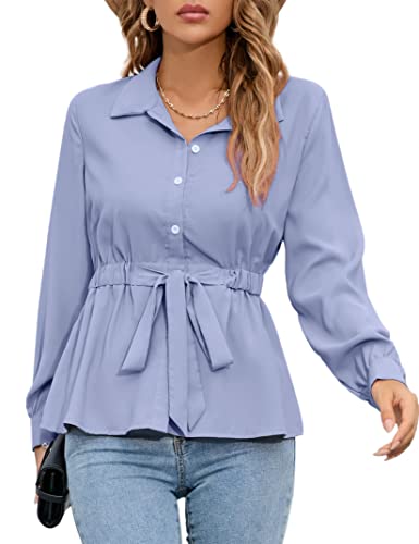 Top Sexy Bluse V-Ausschnitt Basic Shirt Lange Ärmel Einfarbig Hemd Slim Fit Elegant Freizeit Knöpfen Langarmshirt für Damen (Blau, XXL) von Clearlove