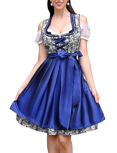 Trachtenkleid Damen Dirndl Kurz Set - Midi Trachtenkleid 3tlg. Dirndlbluse für Oktoberfest - DREI Teilig: Kleid, Bluse, Schürze Blau Blumen34 von Clearlove