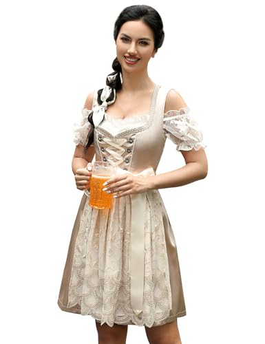 Trachtenkleid Damen Dirndl Kurz Set - Midi Trachtenkleid 3tlg. Dirndlbluse für Oktoberfest - DREI Teilig: Kleid, Bluse, Schürze Champagner42 von Clearlove