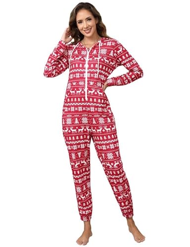 Weihnachten Zipper Hoodie Jumpsuit Damen Elegant Overall Freizeitanzug One Piece Ganzkörperanzug Flauschig Einteiler Trainingsanzug Schlafanzug Pyjama Hausanzug mit Kapuze und Taschen (Rot, M) von Clearlove