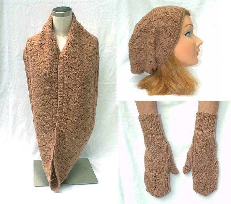 Schal, Mütze Und Handschuhe Set Beige Tan Wolle Infinity Flame Chevron Misses Teens Handgestrickt von ClearlyChristine