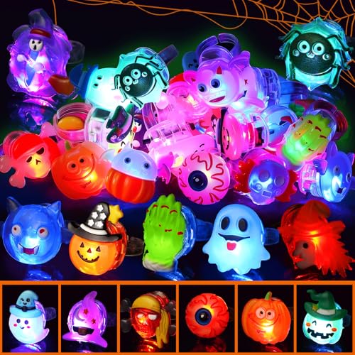 Cleboen 24 Stück LED Halloween Ringe Kinder Blinkender Ring Halloween Leuchtringe LED Ring Geist Kürbis Licht Spielzeug Give Away Kindergeburtstag Mitgebsel Party Zubehör Kinder von Cleboen