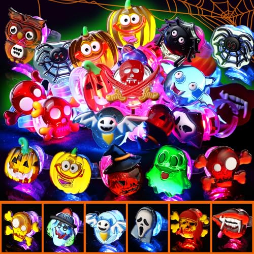 Cleboen 24 Stück LED Halloween Ringe Kinder Blinkender Ring Halloween Leuchtringe LED Ring Geist Kürbis Licht Spielzeug Give Away Kindergeburtstag Mitgebsel Party Zubehör Kinder von Cleboen