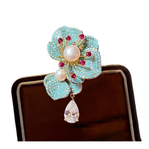 Zarte türkisfarbene Blumenbrosche High-End-Damen-Süßwasserperle Emaille Pfingstrosen Broschen bewegliche Trauben Pins, Einheitsgröße von Cleer Kaen